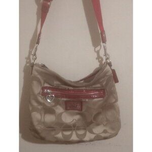 Coach Poppy Signature Hobo Satchel Hobo Shoulder HandBag Gold Metallic Beige Red